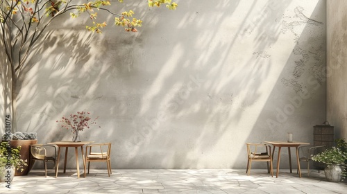 a set of minimalist tables and chairs, a courtyard terrace with the concept of natural shades, cream color, flower vases in the corner.