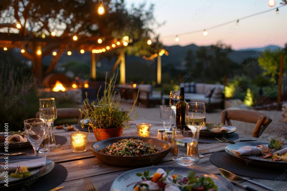 A serene twilight scene showcasing an outdoor dining area illuminated with soft, ambient lighting, featuring a variety of dishes radiating warmth and inviting ambiance A serene twilight scene showcasing an outdoor dining area illuminated with soft, ambient lighting, featuring a variety of dishes radiating warmth and inviting ambiance