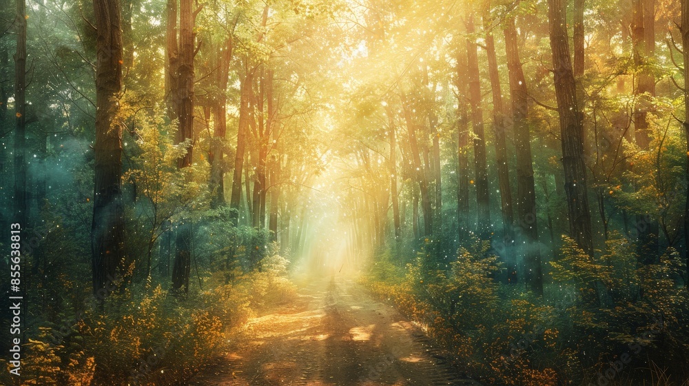 Fototapeta premium A tranquil forest path illuminated by golden sunlight, creating a misty and magical atmosphere in a serene woodland setting.