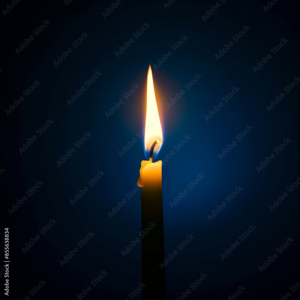 A single lit candle glowing warmly in the dark, creating a serene and peaceful ambiance against a deep blue background. A single lit candle glowing warmly in the dark, creating a serene and peaceful ambiance against a deep blue background.
