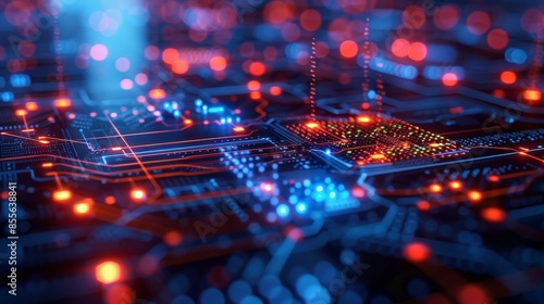 Close-up of a futuristic circuit board with glowing red and blue lights, symbolizing advanced technology and data flow.