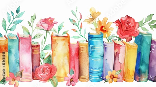 Fototapeta Naklejka Na Ścianę i Meble -  Colorful back to school watercolor card with books and flowers on white background
