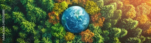 Wallpaper Mural Aerial view of the Earth encircled by dense, colorful forests, showcasing the beauty of nature and environmental conservation. Torontodigital.ca