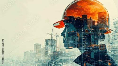 Double exposure image of a female engineer wearing a hard hat, overlaid with a construction site and cityscape, symbolizing urban development and engineering.