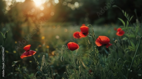 Red Poppies in a Meadow at Sunset