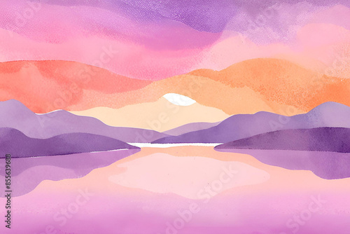 Serenity at Sunset, Watercolor Sunset Landscape, Fiery Sky Reflection, Tranquil Lake Dusk Scene, Dreamy Sunset Silhouette