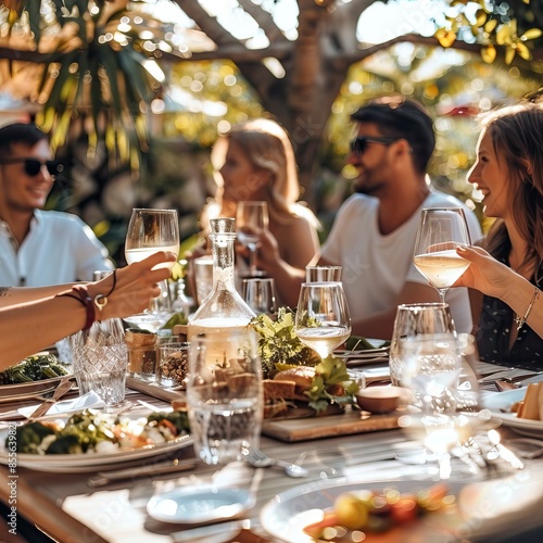 Happy people having lunch at a beautiful table in the garden. Concept of youth lifestyle, food and drink outdoors enjoying a party in the restaurant