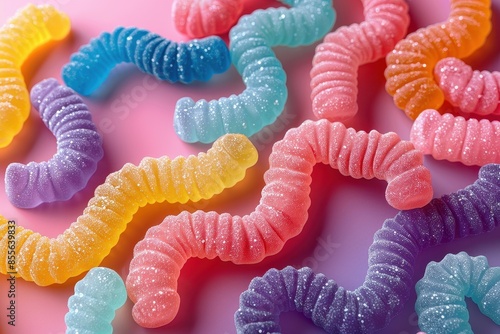 A detailed image of sour gummy worms in bright neon colors. 