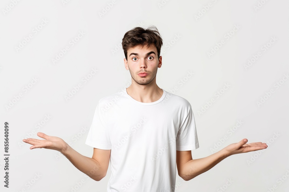 A young man in a white t shirt on a white background. A young man in a white t shirt on a white background.