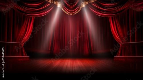 Stage in a theatre. Theater red velvet curtains.