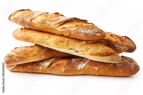 Freshly baked French baguettes stacked in a basket Stock Photo with copy space Isolated on white background