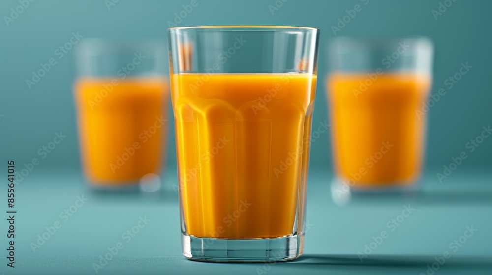 A glass of vibrant orange juice against a blue background with two more glasses A glass of vibrant orange juice against a blue background with two more glasses