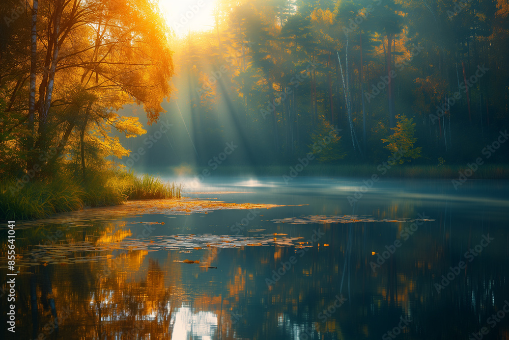A clear clear lake with the reflection of the fall trees and the rays of the dawn sun illuminating the water in the morning mist. Bright colorful landscape. Wallpaper A clear clear lake with the reflection of the fall trees and the rays of the dawn sun illuminating the water in the morning mist. Bright colorful landscape. Wallpaper