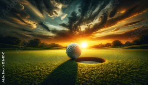 golf ball on the cusp of dropping into the hole on a lush green course. The sun is setting in the background, photo
