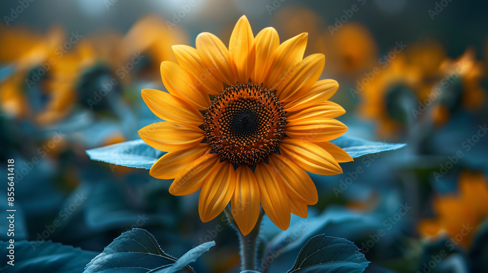 Fototapeta premium A single, perfectly bloomed sunflower head, showcasing its intricate spiral pattern of golden yellow petals surrounding a dark brown center.