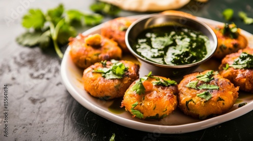 A tempting plate of Indian aloo tikki, spiced potato patties served with tamarind chutney and mint sauce