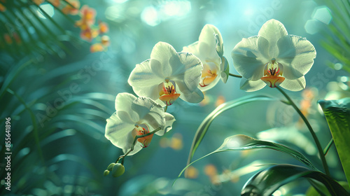 A white orchid in full bloom, showcasing its elegant, symmetrical petals with a vibrant yellow heart and delicate texture.