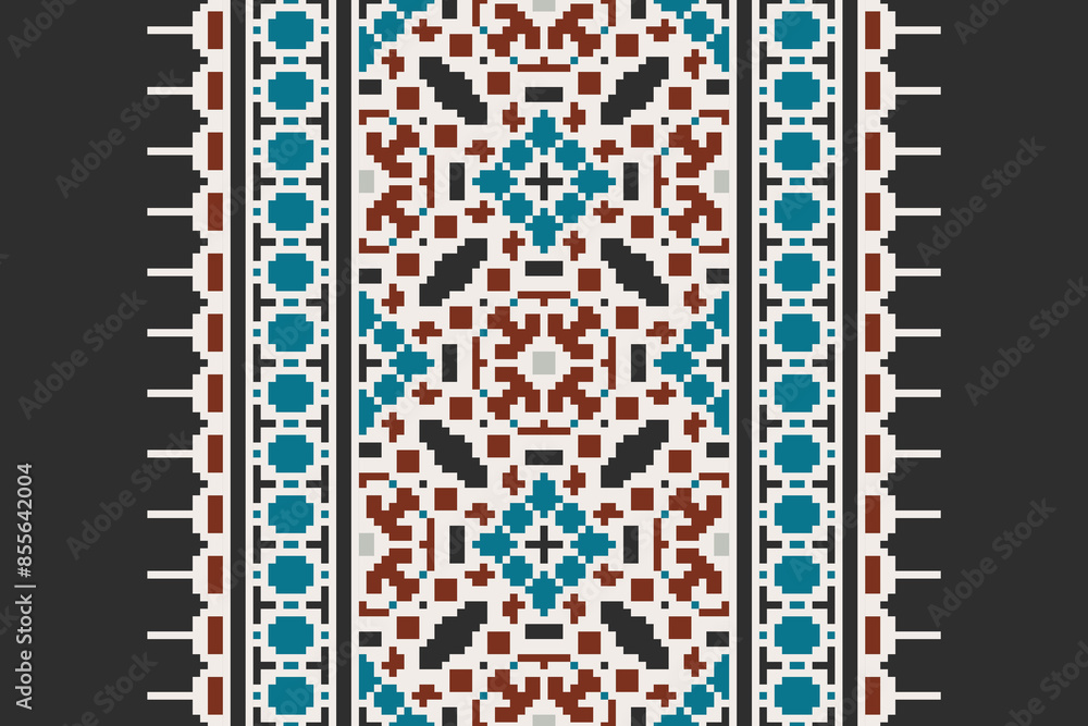 Traditional ethnic motifs ikat geometric fabric pattern cross stitch.Ikat embroidery Ethnic oriental Pixel navy blue background. Abstract,vector,illustration. Texture,scarf,decoration,wallpaper. Traditional ethnic motifs ikat geometric fabric pattern cross stitch.Ikat embroidery Ethnic oriental Pixel navy blue background. Abstract,vector,illustration. Texture,scarf,decoration,wallpaper.
