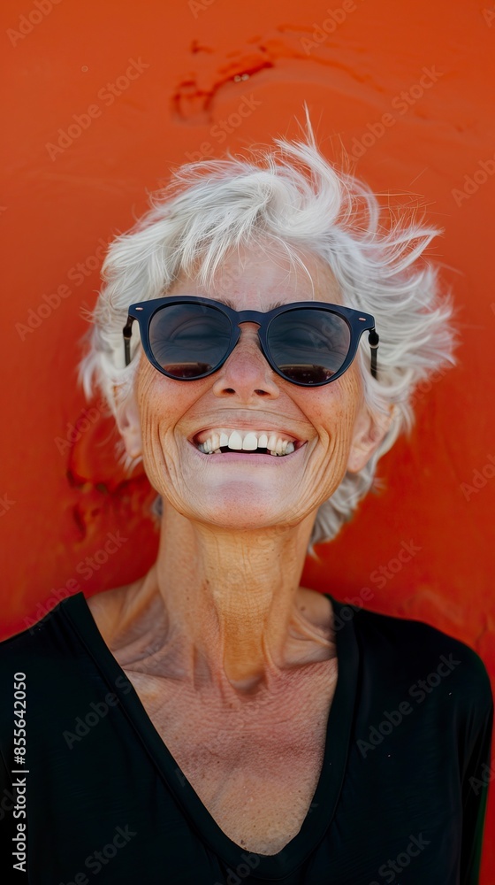 Laughing mature woman wearing sunglasses and looking at camera Laughing mature woman wearing sunglasses and looking at camera