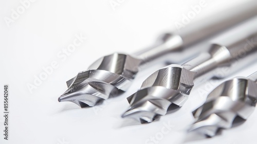 Brand new high speed steel countersink drill bits with sharp points five flute design staggered cutting teeth minimal chatter white background hex shank for woodworking
