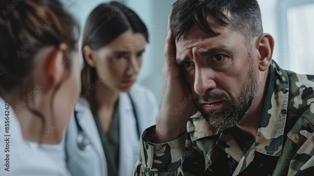 Worried soldier with PTSD in a counseling session with health professionals. Military man seeking mental health support. Dramatic and emotional depiction of post-war struggles. AI Worried soldier with PTSD in a counseling session with health professionals. Military man seeking mental health support. Dramatic and emotional depiction of post-war struggles. AI