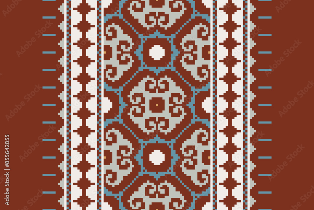Traditional ethnic motifs ikat geometric fabric pattern cross stitch.Ikat embroidery Ethnic oriental Pixel navy blue background. Abstract,vector,illustration. Texture,scarf,decoration,wallpaper. Traditional ethnic motifs ikat geometric fabric pattern cross stitch.Ikat embroidery Ethnic oriental Pixel navy blue background. Abstract,vector,illustration. Texture,scarf,decoration,wallpaper.
