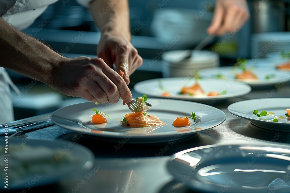 Photo of a chef's hands plating a dish in a restaurant kitchen, with a closeup on a hand holding a spoon near a plate, with a minimalist interior design concept and blurred background. Photo of a chef's hands plating a dish in a restaurant kitchen, with a closeup on a hand holding a spoon near a plate, with a minimalist interior design concept and blurred background.