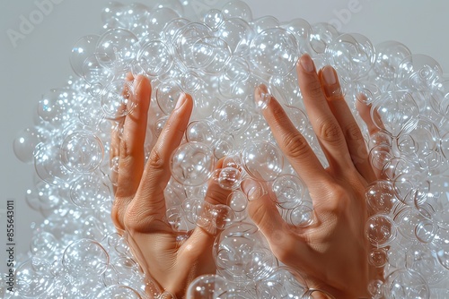 Hands immersed in sparkling soap bubbles, creating a tactile and visually engaging scene with light reflections and playful textures.