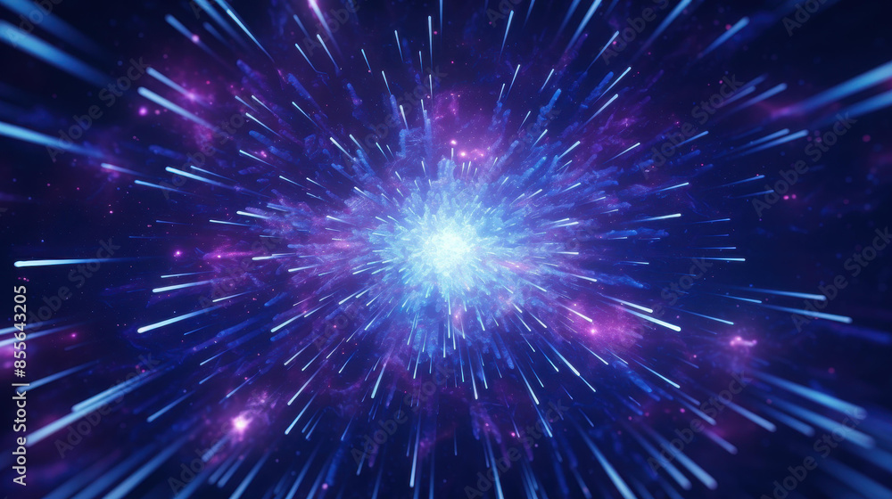 Mesmerizing 3D visualization of vibrant blue and purple lights streaking through dark cosmic backdrop at warp speed. Mesmerizing 3D visualization of vibrant blue and purple lights streaking through dark cosmic backdrop at warp speed.