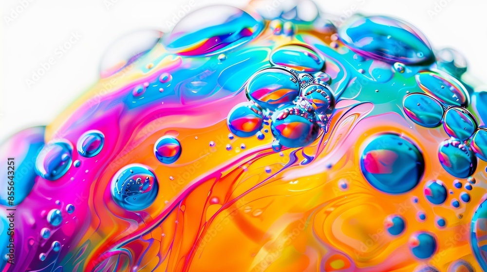 Vibrant abstract of colorful liquid and bubbles, showcasing mesmerizing swirls of blue, pink, orange, and green with a close-up view. Vibrant abstract of colorful liquid and bubbles, showcasing mesmerizing swirls of blue, pink, orange, and green with a close-up view.
