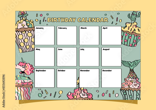 Birthday calendar with cute cupcakes in the background. Wall calendar for classrooms.