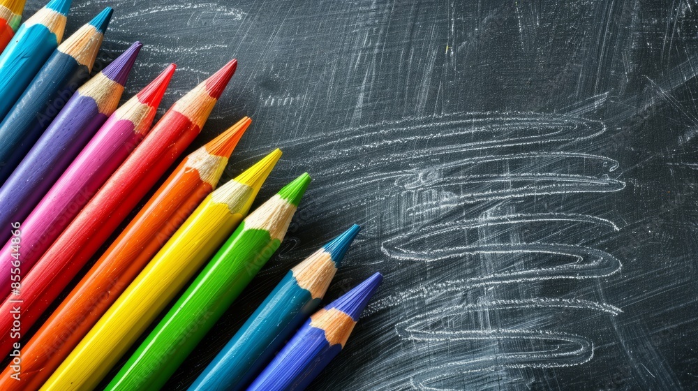 Colorful crayons on blackboard drawing, back to school concept with vibrant educational supplies, creative learning environment background for classroom themes and educational designs Colorful crayons on blackboard drawing, back to school concept with vibrant educational supplies, creative learning environment background for classroom themes and educational designs