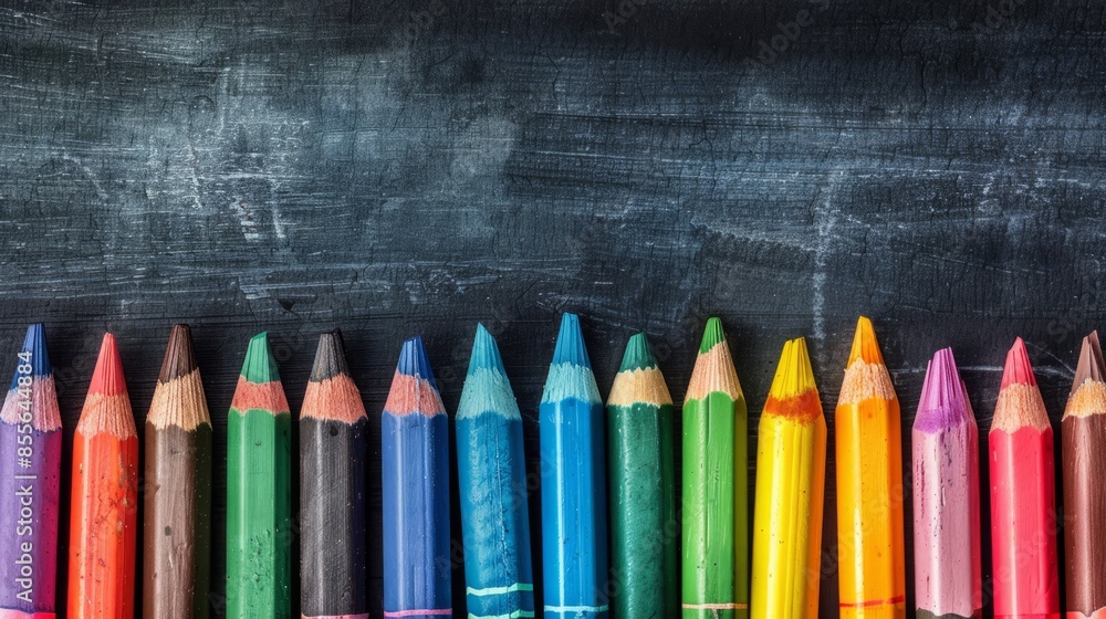 Colorful crayons on blackboard drawing, back to school concept with vibrant educational supplies, creative learning environment background for classroom themes and educational designs Colorful crayons on blackboard drawing, back to school concept with vibrant educational supplies, creative learning environment background for classroom themes and educational designs