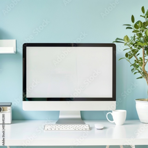 Close up view of creative workspace with blank screen computer, mug, tree pot and copy space on white table with shelf on light blue wall. Generative AI