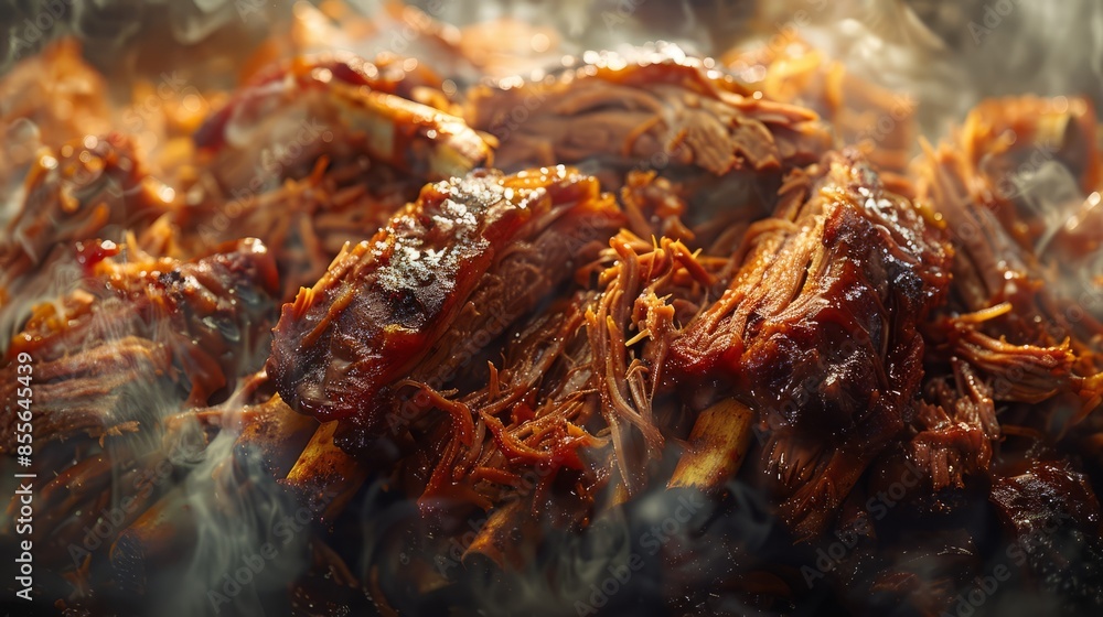 Close-up of succulent, smoky pulled pork with tender, juicy meat fibers, perfect for BBQ dishes and comfort food recipes. Close-up of succulent, smoky pulled pork with tender, juicy meat fibers, perfect for BBQ dishes and comfort food recipes.