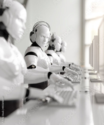 Conceptual computer AI customer service with robots using computers and a headset in a bright office 3d render