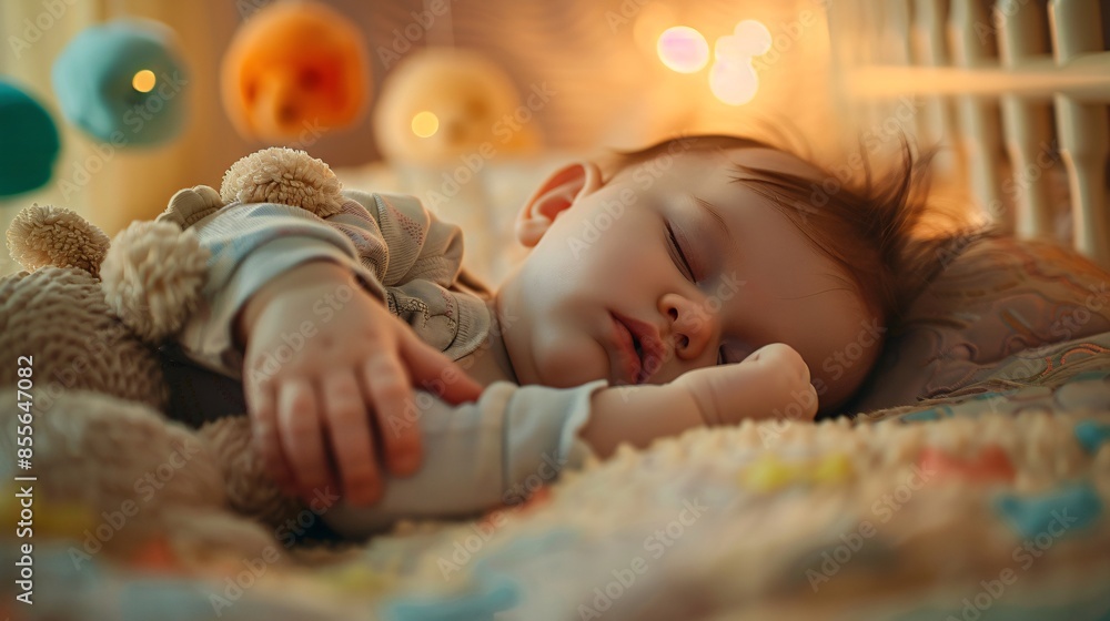 Adorable Baby Sleeping Peacefully in a Toy-Filled Crib Adorable Baby Sleeping Peacefully in a Toy-Filled Crib