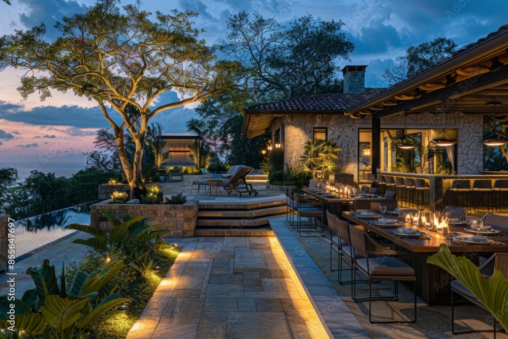 Twilight view of an outdoor dining area with the main course elegantly presented on a wooden table, surrounded by ambient lighting and lush greenery Twilight view of an outdoor dining area with the main course elegantly presented on a wooden table, surrounded by ambient lighting and lush greenery
