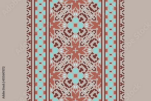 Beautiful traditional ethnic motifs ikat geometric fabric pattern cross stitch.Ikat embroidery Ethnic oriental Pixel.Abstract,vector,illustration. Texture,scarf,decoration,wallpaper,curtain,sarong.