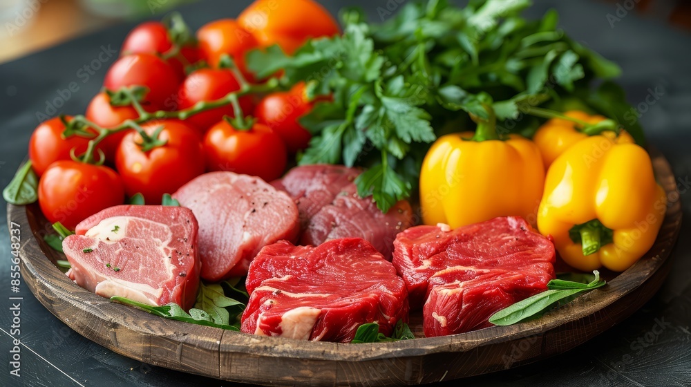 Fresh vegetables and raw meat arranged on a wooden platter. Tomatoes, bell peppers, and beef cuts ready for cooking. Fresh vegetables and raw meat arranged on a wooden platter. Tomatoes, bell peppers, and beef cuts ready for cooking.