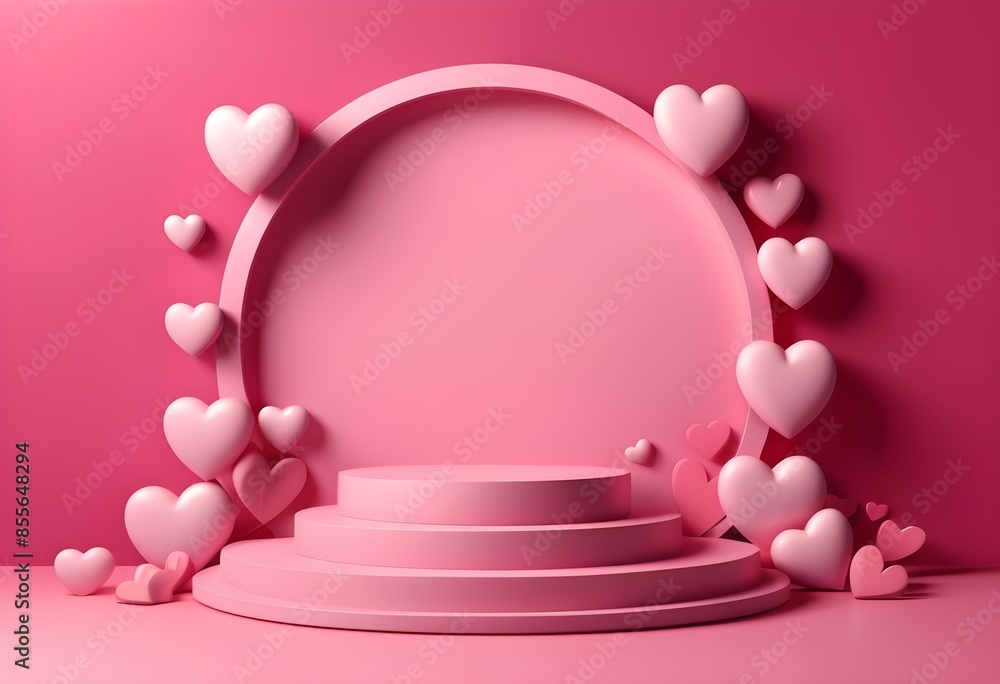 3D pink background with product podium and hearts. 3D pink background with product podium and hearts.