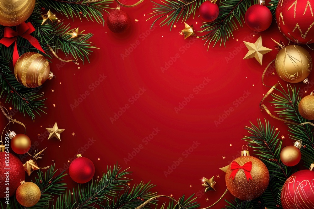 Realistic merry christmas background with golden decorations and pine branches on a red background. christmas red background, christmas banner with copy space Realistic merry christmas background with golden decorations and pine branches on a red background. christmas red background, christmas banner with copy space