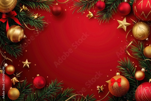 Realistic merry christmas background with golden decorations and pine branches on a red background. christmas red background, christmas banner with copy space 
