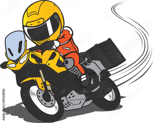 Touring Motorcycle overtake on a curve cartoon vector