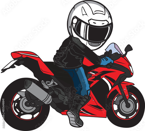 Man Ride Sport Motorcycle Biker in Cartoon Style