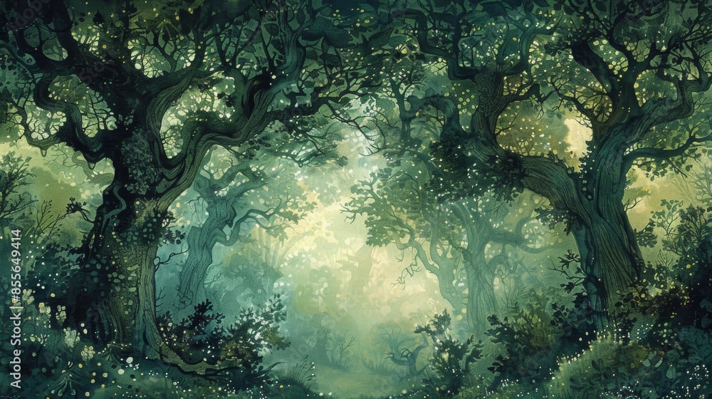 Obraz premium Illustrate a scene from a mystical woodland with ancient trees and hidden clearings against a backdrop of green wallpaper, evoking a sense of mystery and enchantment.