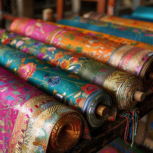 Vibrant Thai Silk Weaving with Intricate Patterns Showcasing Cultural Craftsmanship