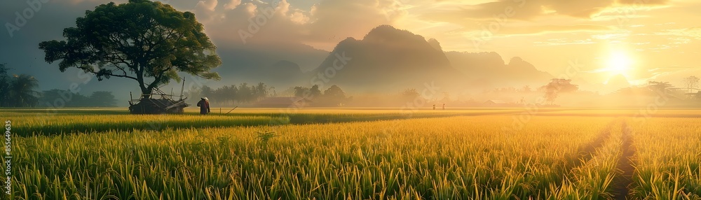 Tranquil Thai Rice Fields at Dawn with Farmers Working in Serene Rural Landscape Tranquil Thai Rice Fields at Dawn with Farmers Working in Serene Rural Landscape