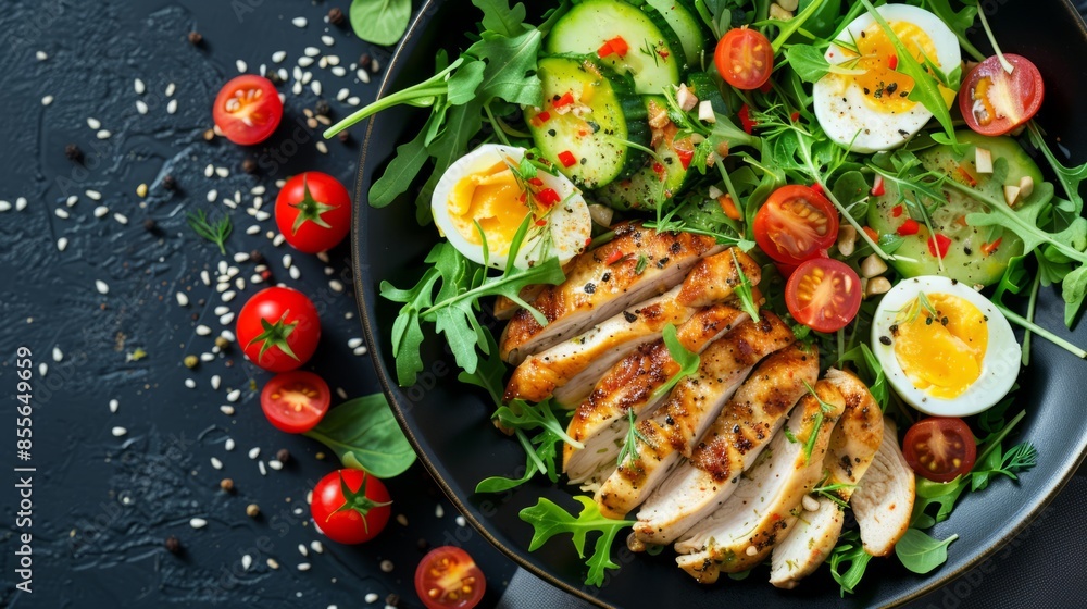 Healthy grilled chicken salad with mixed greens, sliced cucumber, cherry tomatoes, boiled eggs, and sesame seeds on a dark background. Healthy grilled chicken salad with mixed greens, sliced cucumber, cherry tomatoes, boiled eggs, and sesame seeds on a dark background.