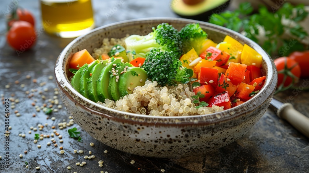 Healthy vegan quinoa bowl with fresh vegetables, avocado, and broccoli on rustic wooden table. Balanced diet and nutritious clean eating concept. Healthy vegan quinoa bowl with fresh vegetables, avocado, and broccoli on rustic wooden table. Balanced diet and nutritious clean eating concept.